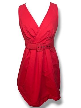 Red V-Neck Belted Mini Dress
